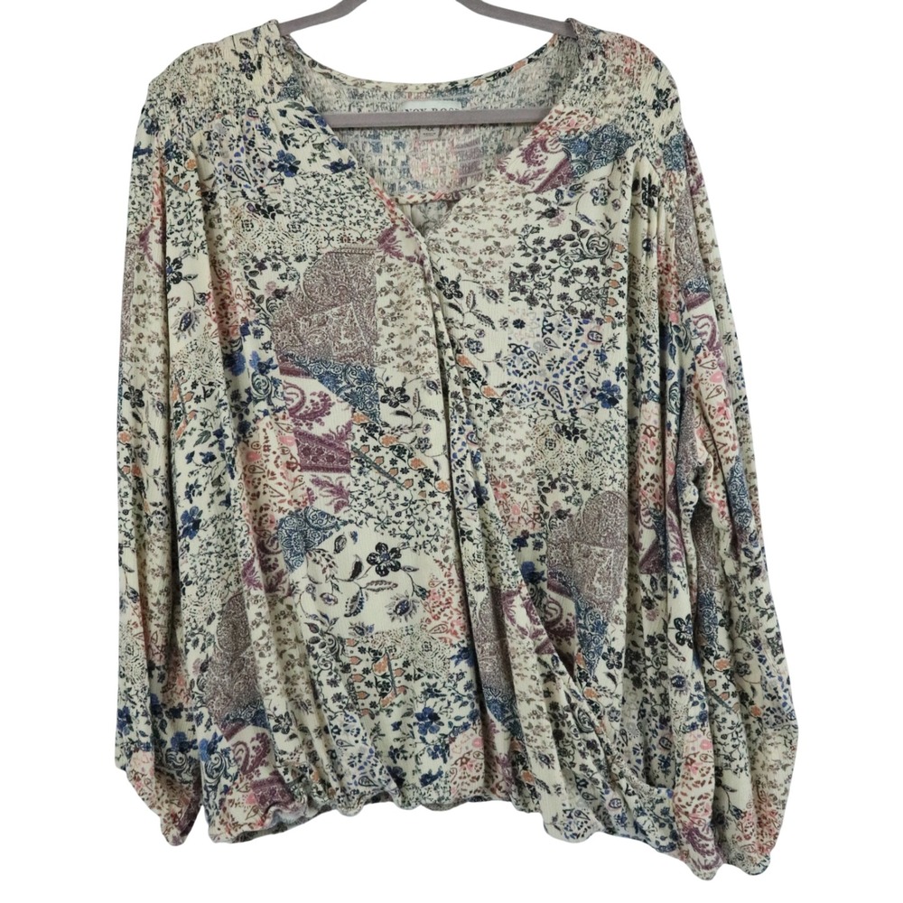 Knox Rose Boho Blouse Floral Patchwork Long Sleeve V-Neck Mock Wrap Top Sz 4X